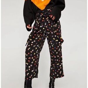 ZARA Pants High Rise Paper Bag Waist Black Floral Tie Wide Leg Size XS